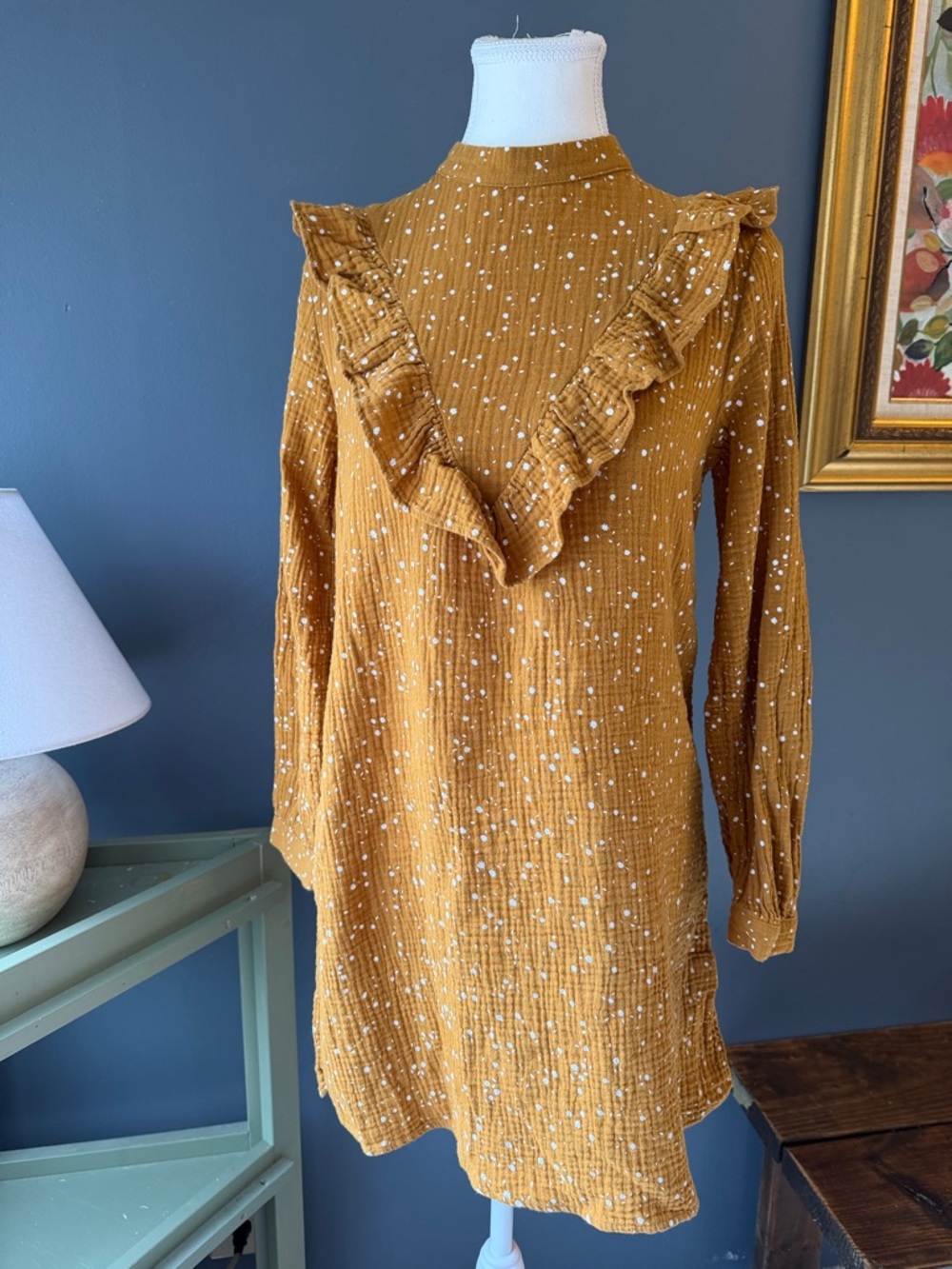 Rylee & Cru Mustard Ruffle Detail Long Sleeve Women’s Dress